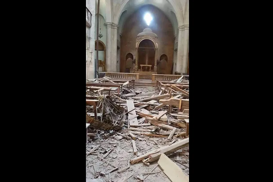 Interior of a damaged church building in Aleppo, April 2015. Credit: Melkite Archdiocese of Aleppo. Courtesy of Aid to the Church in Need.