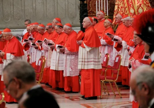 Cardinals pray together at a Feb. 22, 2014 consistory. Credit: Lauren Cater/CNA.