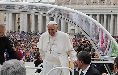 Pope Francis greets pilgrims during the Wednesday General Audience on April 23, 2014 Credit: Kyle Burkhart/CNA