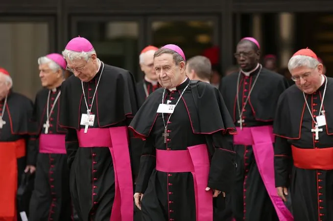Bishops exiting the Vatican's Paul VI Hall during the Synod on the Family, Oct. 9, 2015. Credit: Daniel Ibanez/CNA.