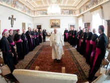 Pope Francis meets with a group of French bishops on their ad limina visit to Rome, Oct. 1, 2021.