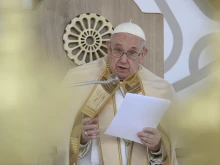 Pope Francis speaks in his Angelus address after Mass in Matera, Italy, on Sept. 25, 2022.