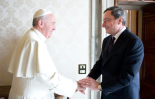  Pope Francis greets Mario Draghi at the Vatican on Oct. 19, 2013. Credit: Vatican Media.