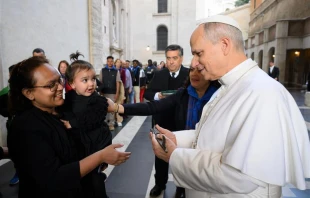Nadia Howlader is given a key to a new apartment by Pope Leo XIV on Nov. 16, 2025, on the ninth World Day of the Poor. Credit: Vatican Media