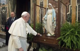 Pope Francis blesses a statue of the Immaculate Virgin Mary of the Miraculous Medal Nov. 11, 2020.   Vatican Media.