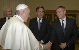 Matteo Bruni, new director of the Holy See Press Office, greets Pope Francis -