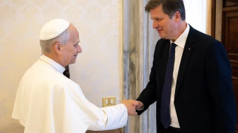 Eduard Habsburg, Hungary's ambassador to the Holy See from 2015 to 2025, takes his leave during a farewell visit to Pope Leo XIV on Nov. 21, 2025.