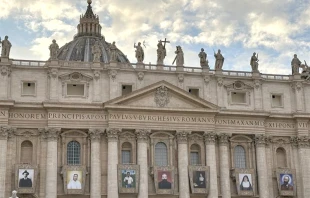 Pope Leo XIV will canonize seven new saints on Sunday including an Italian lawyer who renounced Satanism and became “an apostle of the Rosary,” a martyred Armenian archbishop, and a Venezuelan considered the “doctor of the poor.” Banners of the new saints are on display on St. Peter's Basilica for all to see in St. Peter's Square. Credit: Courtney Mares / CNA