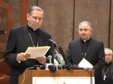 Cardinal Roger Mahony introduces Archbishop Jose Gomez at a press conference at the Los Angeles Cathedral.