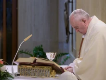 Pope Francis celebrates morning Mass at the Casa Santa Marta May 6, 2020. 