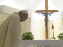 Pope Francis celebrates Mass in the chapel of the Casa Santa Marta May 8, 2020. 