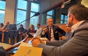 Pierre Louvrier (center) speaks during the “Schuman Plan 2.0 — Europe’s Role in a Fragmented World” debate at the European Parliament, Nov. 11, 2025. Credit: Maria Grazia Ricciardi