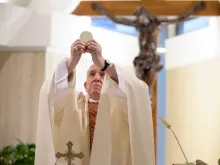 Pope Francis celebrates Mass in the chapel of the Casa Santa Marta May 10, 2020. 