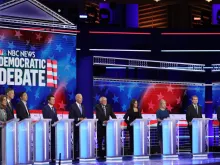 10 Democratic presidential candidates take part in the second night of the first Democratic presidential debate, June 27, 2019 in Miami, Florida. 