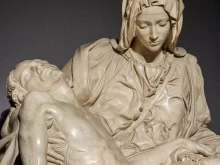 A close-up of the copy of Michelangelo's Vatican Pietà, usually kept at the Vatican Museums.