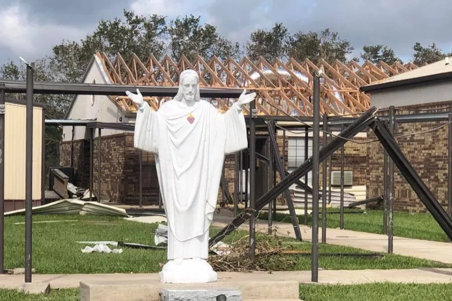 Statue of Jesus in front of damaged church property, Diocese of Lake Chares. ?w=200&h=150