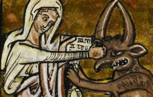 13th century image of Mary punching devil in the face.   ChurchPop, Public Domain via the British Library.