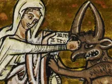 13th century image of Mary punching devil in the face. 
