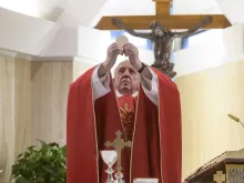 Pope Francis celebrates Mass in the chapel of the Casa Santa Marta May 14, 2020. 