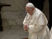 Pope Francis prays during his general audience address in the Paul VI Audience Hall at the Vatican on Dec. 27, 2023.