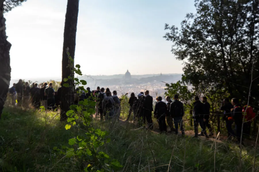 Bishops and youth auditors from the synod walk the Via Francigena in Rome, Oct.25, 2018. ?w=200&h=150