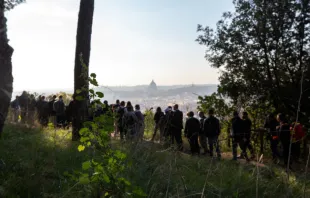 Bishops and youth auditors from the synod walk the Via Francigena in Rome, Oct.25, 2018.   CNA