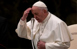 Pope Francis prays at his Wednesday general audience Feb. 13, 2019.   Daniel Ibanez.