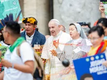 Pope Francis with pilgrims and participants as the 2019 Synod of Bishops on the Amazon opens Oct. 7, 2019 in Rome. 