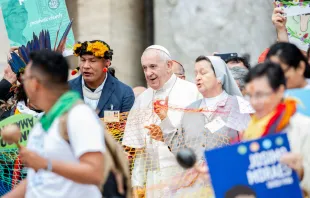 Pope Francis with pilgrims and participants as the 2019 Synod of Bishops on the Amazon opens Oct. 7, 2019 in Rome.   Daniel Ibanez/CNA