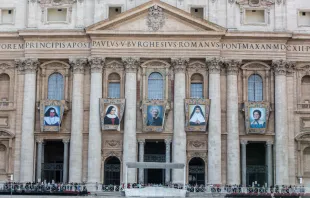 Banners of those to be canonized Oct. 13 at St. Peter's Square.   Daniel Ibanez/CNA.