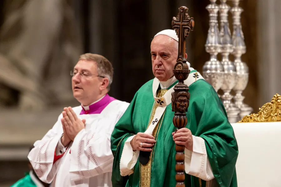 Pope Francis with a new crosier for the Amazon synod closing Mass Oct. 27, 2019. ?w=200&h=150