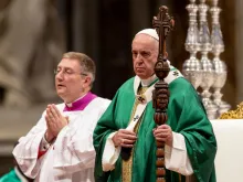 Pope Francis with a new crosier for the Amazon synod closing Mass Oct. 27, 2019. 