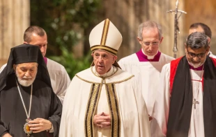Pope Francis presides over ecumenical vespers in the Basilica of St. Paul Outside the Walls Jan. 25, 2020.   Daniel Ibanez/CNA