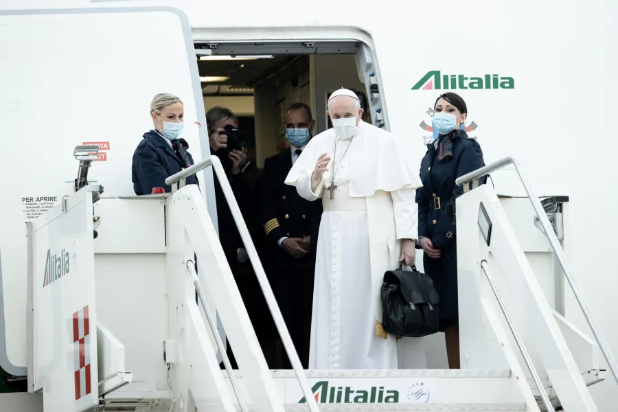 Pope Francis boards the papal plane to Iraq on March 5, 2021. Credit: Daniel Ibanez/CNA.?w=200&h=150