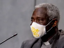 Cardinal Peter Turkson, prefect of the Dicastery for Promoting Integral Human Development, at a Vatican press conference, July 7, 2020.