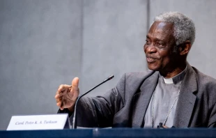Cardinal Peter Turkson, prefect of the Dicastery for Promoting Integral Human Development, at a Vatican press conference July 7, 2020. Daniel Ibáñez/CNA.