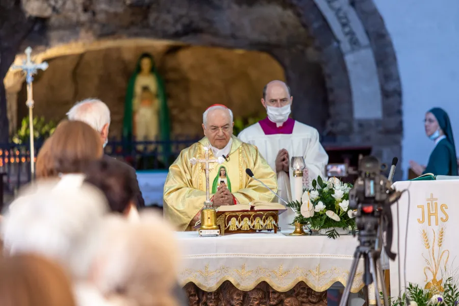 Cardinal Piacenza, head of the Apostolic Penitentiary, celebrates Mass Nov. 1, 2020, at Rome’s Shrine of Our Lady of the Third Millennium at Tre Fontane. .