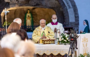 Cardinal Piacenza, head of the Apostolic Penitentiary, celebrates Mass Nov. 1, 2020, at Rome’s Shrine of Our Lady of the Third Millennium at Tre Fontane.