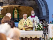 Cardinal Piacenza, head of the Apostolic Penitentiary, celebrates Mass Nov. 1, 2020, at Rome’s Shrine of Our Lady of the Third Millennium at Tre Fontane.
