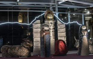 The Vatican’s nativity scene is unveiled in St. Peter’s Square Dec. 11, 2020.   Daniel Ibáñez/CNA.