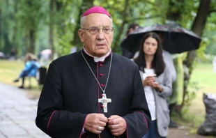 Archbishop Tadeusz Kondrusiewicz of Minsk-Mohilev prays outside the Akrestsin Street pre-trial detention center in Minsk, Aug. 19, 2020.   Catholic.by.
