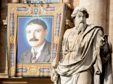 Banner of St. Artemide Zatti at his canonization Mass on Oct. 9, 2022.