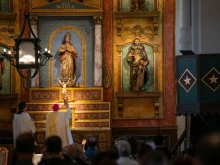 Archbishop Jose Gomez of Los Angeles blesses the newly renovated Mission San Gabriel at a June 27, 2023, ceremony.