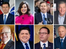 First row (L-R) Secretary Pete Buttigieg, Michigan Gov. Gretchen Whitmer, Kentucky Gov. Andy Beshear, and Gov. Roy Cooper of North Carolina. Bottom row (L-R) Minnesota Gov. Tim Walz, Illinois Gov. J.B. Pritzker, Pennsylvania Gov. Josh Shapiro, and Sen. Mark Kelly, D-Arizona.