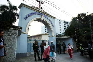 Army personnel stand guard in front of St. Mary Cathedral Church in Dhaka, Bangladesh 2024