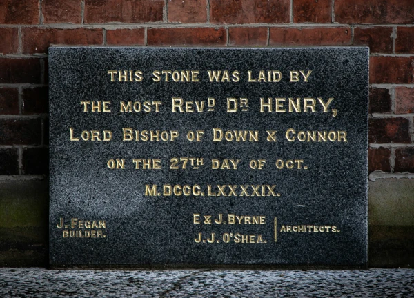 A foundation stone at St. Mary's University College in Belfast, Northern Ireland, records that it was laid by Bishop Henry Henry, bishop of Down and Connor, on Oct. 27, 1899. Credit: St. Mary's University College