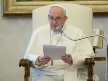 Pope Francis speaks at his general audience in the apostolic library April 22, 2020. 