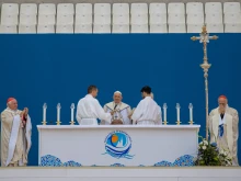 Pope Francis celebrates Mass for an estimated 50,000 people at the Vélodrome Stadium in Marseille, France, the last stop in his Sept. 22-23, 2023, visit to the port city to speak at an ecumenical meeting of young people and bishops called the “Rencontres Mediterraneennes,” or Mediterranean Encounter.