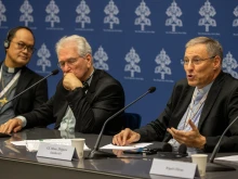 Bishop Pablo Virgilio S. David of Kalookan, Philippines (left), Cardinal Leonardo Steiner, archbishop of Manaus, Brazil (center), and Archbishop Zbigņev Stankevičs of Riga (right) all spoke at the Synod press conference on Oct. 18, 2023.