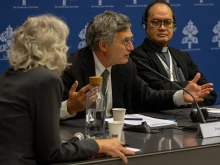 Synod on Synodality spokesman Paolo Ruffini speaks to the media during a press briefing at the Vatican on Oct. 18, 2023.